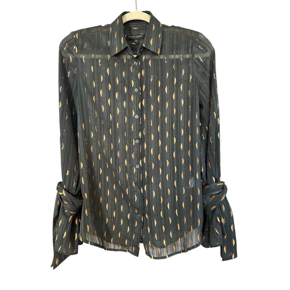 Banana Republic Dillon Women’s XS Olive Green Gold Metallic Sheer Long Sleeve Bu